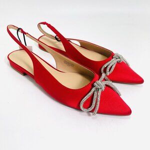 LOFT Women’s Sparkle Bow Satin Slingback Flats Red Size 8.5
